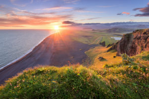 Sun, sunset, beach, cliffs, Klifandi, Dyrholaey, Iceland, Europe Sun, sunset, beach, cliffs, Klifandi, Dyrholaey, Iceland, Europe