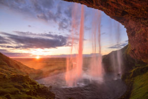 Sonne, Sonnenuntergang, Wasserfall, Seljalandfoss, Seljaland, Island, Europa Sonne, Sonnenuntergang, Wasserfall, Seljalandfoss, Seljaland, Island, Europa
