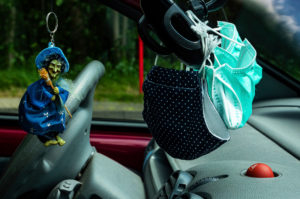 Equipped against the Covid-19 pandemic (interior of a car, equipped with mouth-nose protective masks to protect against corona infection) Equipped against the Covid-19 pandemic (interior of a car, equipped with mouth-nose protective masks to protect against corona infection)