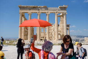 Visitors in front of the Acropolis in Athens, Greece Visitors in front of the Acropolis in Athens, Greece
