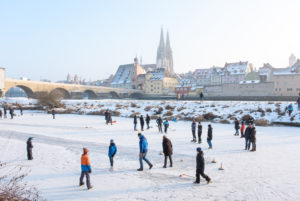 In January, 2017 it was so cold in Germany that the Danube was frozen over in Regensburg, ice-skating In January, 2017 it was so cold in Germany that the Danube was frozen over in Regensburg, ice-skating