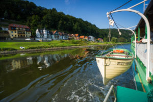 Germany, Saxony, Rathen, Elbe river, paddle steamer, dinghy, detail, Germany, Saxony, Rathen, Elbe river, paddle steamer, dinghy, detail,