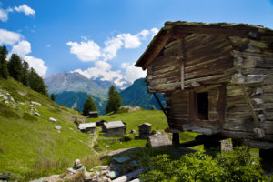 Typischer Walliser Holzstadel mit Sommerwiese in Zermatt, Wallis, Schweiz, Typischer Walliser Holzstadel mit Sommerwiese in Zermatt, Wallis, Schweiz,