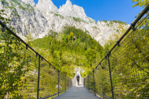 Berchtesgaden, Alps, Ramsau, Klausbachtal, suspension bridge, hiker Berchtesgaden, Alps, Ramsau, Klausbachtal, suspension bridge, hiker