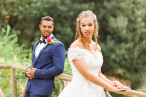 Wedding, newlyweds, young adults, diversity, love, garden, railing Wedding, newlyweds, young adults, diversity, love, garden, railing
