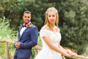 Wedding, newlyweds, young adults, diversity, love, landscape, railing Wedding, newlyweds, young adults, diversity, love, landscape, railing