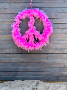 Scharbeutz, peace sign, peace, feathers, plush, artwork, pink, Ostholstein district, northern Germany, symbol, Bay of Lübeck, Schleswig-Holstein, Germany
