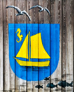 Coat of arms, mural, Timmendorfer Strand, Baltic Sea, board wall, seahorse, Niendorf, Neustädter Bucht, painting, Kreis Ostholstein, North Germany, Bay of Lübeck, Schleswig-Holstein, Germany