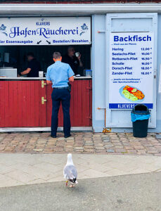 Harbor smokehouse, snack bar, Timmendorfer Strand, Baltic Sea, harbor, fish sandwiches, Niendorf, Neustädter Bucht, seagull, Ostholstein district, northern Germany, Bay of Lübeck, Schleswig-Holstein, Germany