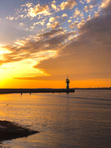 Travemünde pier light, lighthouse, Baltic Sea, Nordermole, shore, landscape, sea, Nordermolenbake, Hanseatic City of Lübeck, Northern Germany, sunrise, Bay of Lübeck, Schleswig-Holstein, Germany