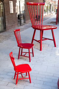 Helsingborg, city, pedestrian zone, chairs, size difference, architecture, Skåne, Skane, Skane län province, Sweden, Scandinavia