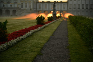 Germany, Bavaria, park at sunrise with fog in Nymphenburg with castle Germany, Bavaria, park at sunrise with fog in Nymphenburg with castle