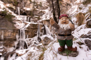 A runaway garden gnome stands in the snow at the Kuhflucht waterfalls near Farchant. How he got there remains a mystery. A runaway garden gnome stands in the snow at the Kuhflucht waterfalls near Farchant. How he got there remains a mystery.