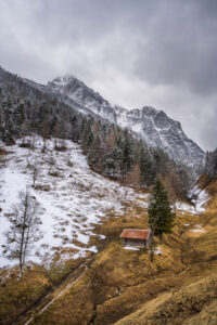 A single haystack with red roof above the Ferchensee near Mittenwald in the Bavarian Alps in spring. A still partly snow-covered mountain meadow, with forest and snow, in the background the massive Wetterstein mountains with the Wetterstein in clouds and overcast sky.