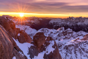 sunrise from the queen, watch the sun rise from the rooftop terrace of Punta Rocca, Marmolada, Rocca Pietore, Belluno, Veneto, Italy
