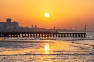 Jesolo, lighthouse beach at sunrise, adriatic sea, venice, veneto, italy