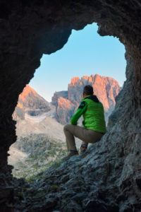 glimpse of the Sentinella pass through a war cave, vallon popera, Comelico Superiore, Auronzo Comelico and Sexten Dolomites, Belluno, Veneto, Italy