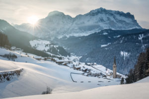 Alpine village of Tolpei with the St. Barbara chapel in winter, La Valle - Wengen, Val Badia, Bolzano, Dolomites, South Tyrol, Italy