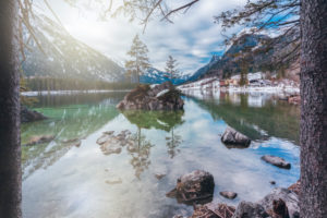 Hintersee lake, Hintersee, Gemeinde Ramsau im Berchtesgadener Land, Bavaria, Germany