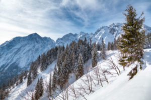 Hoher Göll mountain range seen from the Rossfeld Panoramastrasse (Rossfeldhoehenringstrasse or Panoramic Highway), Berchtesgaden, Bavaria, Germany, Europe