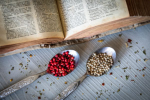 spoons full of multicolored peppercorns, pepper, spices