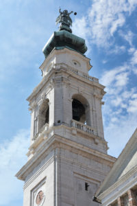 Italy, Veneto, Belluno, Dolomites, the Cathedral or Basilica of San Martino, detail of the belfry Italy, Veneto, Belluno, Dolomites, the Cathedral or Basilica of San Martino, detail of the belfry
