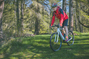 Cyclist riding an e-gravel bike through an alpine forest trail during spring, Anterivo, Autonomous Province of Bolzano, South Tyrol, Italy