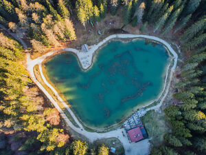 Aerial view of Lago Pianozes, a small alpine lake surrounded by dense conifer forest near Cortina d'Ampezzo, Dolomites, Belluno province, Veneto region, northeastern Italy