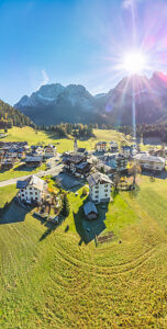 Aerial view of Cima Sappada, a traditional alpine village in the Carnic Alps, municipality of Sappada, Udine, Friuli Venezia Giulia, northeastern Italy