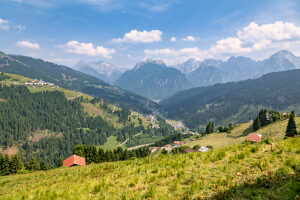 Panoramic aerial view of Casamazzagno overlooking the hamlets of Santo Stefano di Cadore and San Nicolo Comelico in Belluno, Veneto, Italy