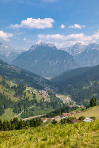 Panoramic aerial view of Casamazzagno overlooking the hamlets of Santo Stefano di Cadore and San Nicolo Comelico in Belluno, Veneto, Italy