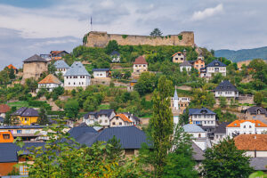 Aerial view of Jajce and the medieval Jajce Fortress (Jajce Tvrdava) dominating the town, Central Bosnia Canton, Bosnia and Herzegovina Aerial view of Jajce and the medieval Jajce Fortress (Jajce Tvrdava) dominating the town, Central Bosnia Canton, Bosnia and Herzegovina