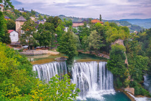 View of the Pliva river waterfall in the town of Jajce, Central Bosnia Canton, Bosnia and Herzegovina View of the Pliva river waterfall in the town of Jajce, Central Bosnia Canton, Bosnia and Herzegovina
