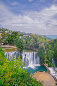 View of the Pliva river waterfall in the town of Jajce, Central Bosnia Canton, Bosnia and Herzegovina View of the Pliva river waterfall in the town of Jajce, Central Bosnia Canton, Bosnia and Herzegovina