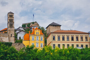 Historic buildings and the medieval Jajce Fortress (Jajce Tvrdava) overlooking the old town of Jajce, Central Bosnia Canton, Bosnia and Herzegovina Historic buildings and the medieval Jajce Fortress (Jajce Tvrdava) overlooking the old town of Jajce, Central Bosnia Canton, Bosnia and Herzegovina