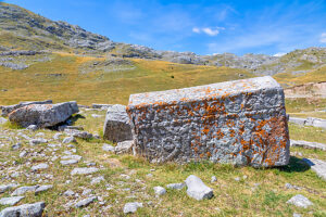 The Dolovi-Poljice necropolis of medieval stecak tombstones on planina Visocica, set against the mountain landscape, near Odzaci, Konjic region, Herzegovina-Neretva Canton, Bosnia and Herzegovina The Dolovi-Poljice necropolis of medieval stecak tombstones on planina Visocica, set against the mountain landscape, near Odzaci, Konjic region, Herzegovina-Neretva Canton, Bosnia and Herzegovina
