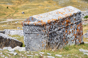 Carved medieval stecak tombstone at the Dolovi-Poljice necropolis on planina Visocica, a National Monument of Bosnia and Herzegovina, near Odzaci, Konjic region, Herzegovina-Neretva Canton, Bosnia and Herzegovina Carved medieval stecak tombstone at the Dolovi-Poljice necropolis on planina Visocica, a National Monument of Bosnia and Herzegovina, near Odzaci, Konjic region, Herzegovina-Neretva Canton, Bosnia and Herzegovina