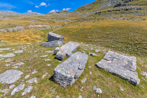 Medieval stecak tombstones scattered across the Dolovi-Poljice necropolis on planina Visocica, a 15th-16th century burial site and National Monument of Bosnia and Herzegovina, near Odzaci, Konjic, Herzegovina-Neretva Canton, Bosnia and Herzegovina Medieval stecak tombstones scattered across the Dolovi-Poljice necropolis on planina Visocica, a 15th-16th century burial site and National Monument of Bosnia and Herzegovina, near Odzaci, Konjic, Herzegovina-Neretva Canton, Bosnia and Herzegovina