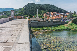 View of the town of Konjic with the Carsijska Mosque and the Stara Cuprija Bridge spanning the Neretva River, Herzegovina-Neretva Canton, Bosnia and Herzegovina View of the town of Konjic with the Carsijska Mosque and the Stara Cuprija Bridge spanning the Neretva River, Herzegovina-Neretva Canton, Bosnia and Herzegovina