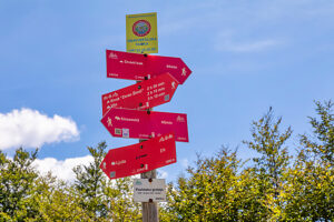 Trail signposts for hikers near Puzim Cemetery, along the routes of the Via Dinarica trail in the Dinaric Alps. Konjic, Herzegovina-Neretva Canton, Bosnia and Herzegovina Trail signposts for hikers near Puzim Cemetery, along the routes of the Via Dinarica trail in the Dinaric Alps. Konjic, Herzegovina-Neretva Canton, Bosnia and Herzegovina