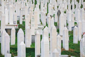 Muslim cemetery with white gravestones at Kovaci Martyrsà Cemetery, Sarajevo, Bosnia and Herzegovina Muslim cemetery with white gravestones at Kovaci Martyrsà Cemetery, Sarajevo, Bosnia and Herzegovina