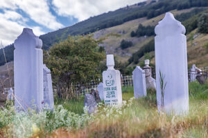 Old Muslim cemetery with traditional Ottoman-style tombstones, bearing inscriptions in Arabic and Bosnian, surrounded by the mountain landscape near Lukomir, Konjic municipality, Herzegovina-Neretva Canton, Bosnia and Herzegovina Old Muslim cemetery with traditional Ottoman-style tombstones, bearing inscriptions in Arabic and Bosnian, surrounded by the mountain landscape near Lukomir, Konjic municipality, Herzegovina-Neretva Canton, Bosnia and Herzegovina