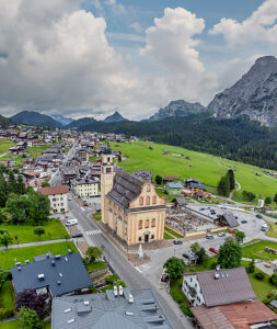 Aerial view of the parish church and village center of Sappada, in the Friuli Venezia Giulia region, Udine province, Italy Aerial view of the parish church and village center of Sappada, in the Friuli Venezia Giulia region, Udine province, Italy