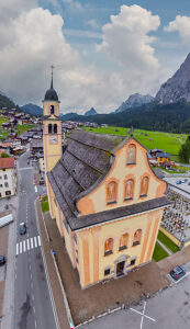 Aerial view of the parish church and village center of Sappada, in the Friuli Venezia Giulia region, Udine province, Italy Aerial view of the parish church and village center of Sappada, in the Friuli Venezia Giulia region, Udine province, Italy