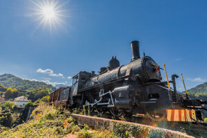 Historic steam locomotive on display in Jablanica, Herzegovina-Neretva Canton, Bosnia and Herzegovina, near the former railway bridge site of the Neretva Valley Historic steam locomotive on display in Jablanica, Herzegovina-Neretva Canton, Bosnia and Herzegovina, near the former railway bridge site of the Neretva Valley