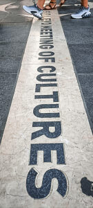 The 'Sarajevo Meeting of Cultures' marker on the pavement where Ferhadija Street meets Saraci Street, symbolizing the meeting point between the Ottoman and Austro-Hungarian parts of the city. Sarajevo, Bosnia and Herzegovina The 'Sarajevo Meeting of Cultures' marker on the pavement where Ferhadija Street meets Saraci Street, symbolizing the meeting point between the Ottoman and Austro-Hungarian parts of the city. Sarajevo, Bosnia and Herzegovina