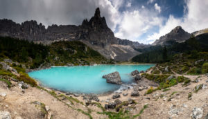 Europe, Italy, Alps, Dolomites, Mountains, Lago di Sorapiss with Dito di Dio - God's Finger Europe, Italy, Alps, Dolomites, Mountains, Lago di Sorapiss with Dito di Dio - God's Finger