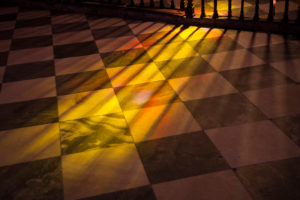 Beautiful colorful sunlight window reflections on the floor of a church, Andalusia, Spain, Carmona, Iglesia Prioral de Santa Maria Beautiful colorful sunlight window reflections on the floor of a church, Andalusia, Spain, Carmona, Iglesia Prioral de Santa Maria