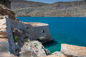 View on fortress of Spinalonga and the blue Mediterranean Sea, Greece, Crete, Kalydon View on fortress of Spinalonga and the blue Mediterranean Sea, Greece, Crete, Kalydon