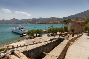 View of the Cretan mainland from Spinalonga Island, jetty for visitors, Greece, Crete, Spinalonga Island, Kalydon View of the Cretan mainland from Spinalonga Island, jetty for visitors, Greece, Crete, Spinalonga Island, Kalydon